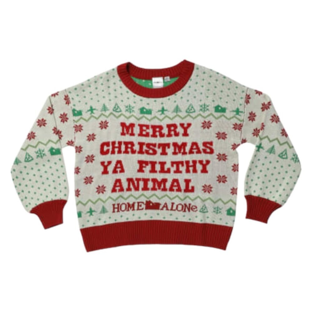 Home Alone Ugly Christmas Sweater Juniors Large Merry Xmas Ya Filthy Animal NEW